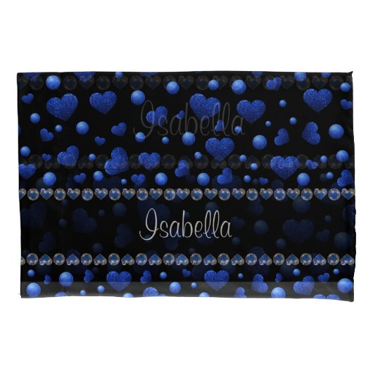 Aangepaste naam, blauw hartglitterpatroon kussensloop (Voorkant-Links)