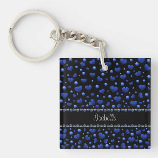 Aangepaste naam, blauw hartglitterpatroon sleutelhanger (Voorkant)