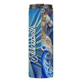 Aangepaste naam Blauw met Gold Abstracte Ocean Wav Thermosbeker (Achterkant)