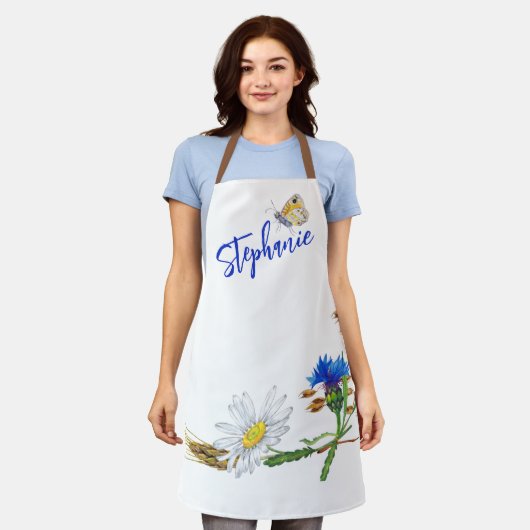 Aangepaste Naam Blauw Witte Anjer Design Schort (Gedragen)