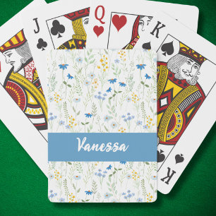 Aangepaste naam blauwe aquarel wilde bloem patrone pokerkaarten