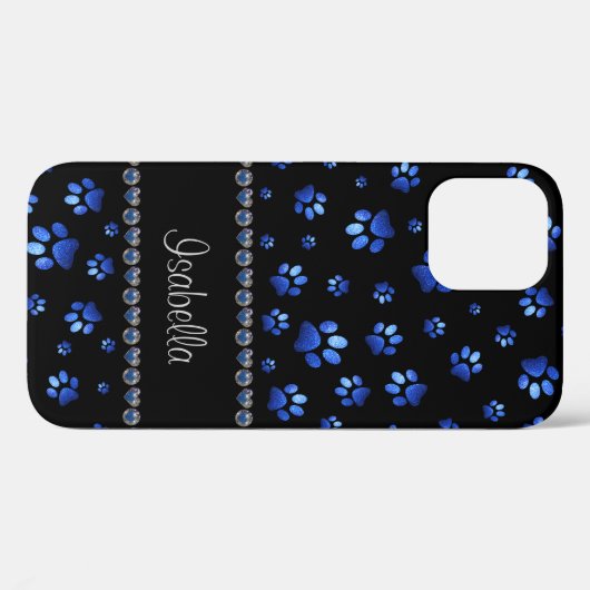 Aangepaste naam, blauwe glitter-hondenpoten Case-Mate iPhone case (Achterkant (horizontaal))