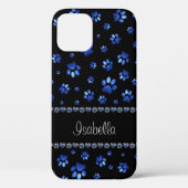 Aangepaste naam, blauwe glitter-hondenpoten Case-Mate iPhone case (Achterkant)