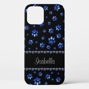 Aangepaste naam, blauwe glitter-hondenpoten iPhone 12 hoesje