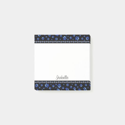 Aangepaste naam, blauwe glitter-hondenpoten post-it® notes (Voorkant)