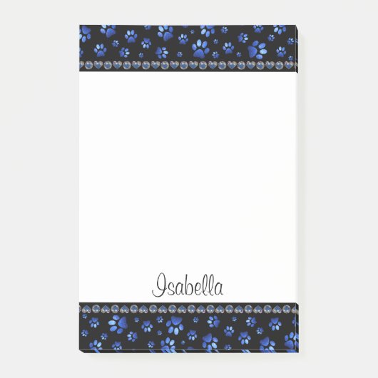 Aangepaste naam, blauwe glitter-hondenpoten post-it® notes (Voorkant)