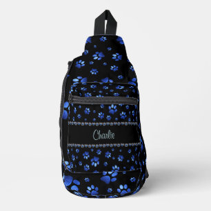 Aangepaste naam, blauwe glitter-hondenpoten sling bag