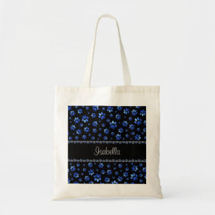 Aangepaste naam, blauwe glitter-hondenpoten tote bag
