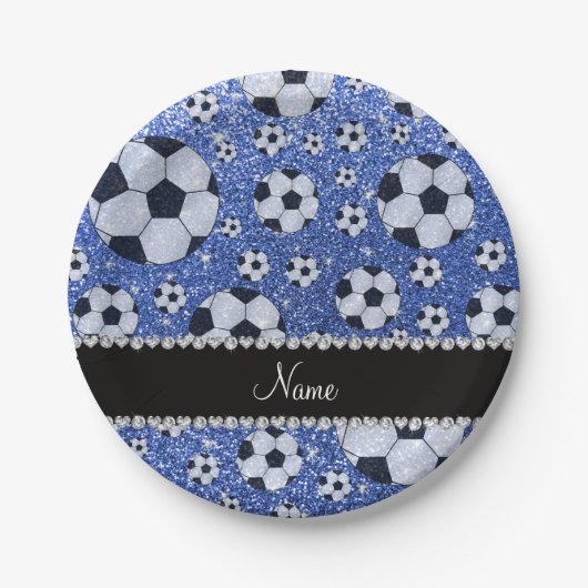 Aangepaste naam blauwe glitter voetballen papieren bordje (Voorkant)