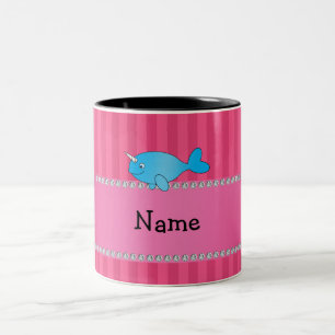 Aangepaste naam blauwe narwhal roze strepen tweekleurige koffiemok