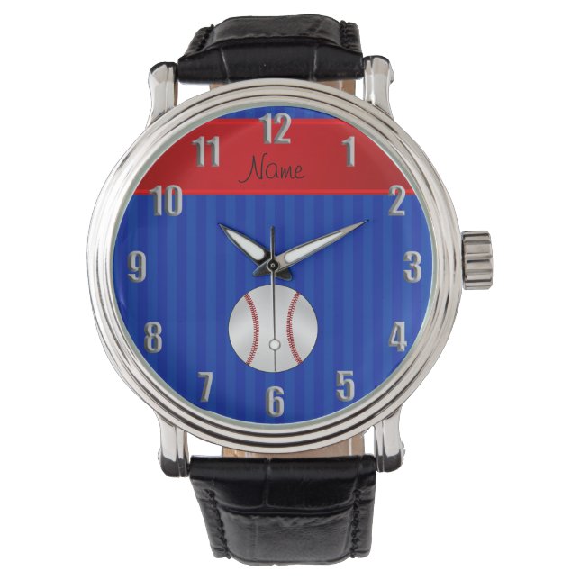 Aangepaste naam blauwe strepen honkbal horloge (Voorkant)