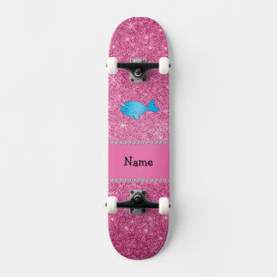 Aangepaste naam blauwe vernauwde roze glitter skateboard