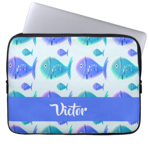 Aangepaste naam blauwe vis laptop sleeve