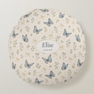 Aangepaste naam Blauwe Vlinder Boog Vintage Bloem Rond Kussen