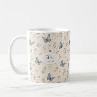 Aangepaste naam Blauwe Vlinder Lint Vintage Bloem Koffiemok