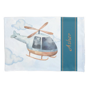 Aangepaste naam Blauwe Waterverf Helikopter Jongen Kussensloop