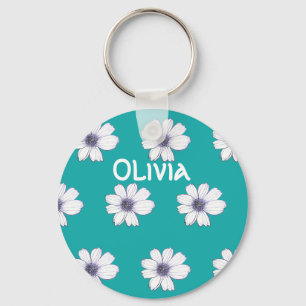 Aangepaste naam Blauwgroen bloempatroon Button Bel Sleutelhanger