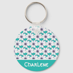 Aangepaste naam Blauwgroen bloempatroon Button Bel Sleutelhanger