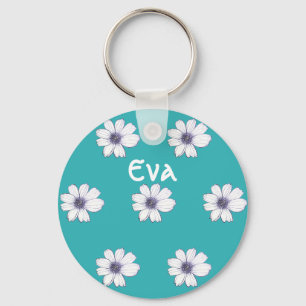 Aangepaste naam Blauwgroen bloempatroon Button Bel Sleutelhanger