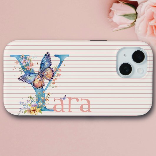 Aangepaste naam | Bloemen vlinder Initiaal blauw,  Case-Mate iPhone Case