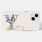 Aangepaste naam | Bloemen vlinder Initiaal blauw,  Case-Mate iPhone Case (Achterkant (horizontaal))
