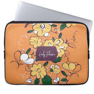 Aangepaste naam bloemenpatroon oranje geel wit laptop sleeve