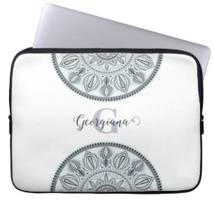 Aangepaste Naam Bloemharmonie Grijs Monotone Manda Laptop Sleeve