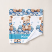 Aangepaste Naam Blue Teddy Bear Boy's Badhanddoek  Bad Handdoek (Wasdoekje)
