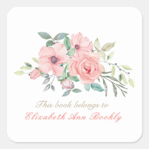 Aangepaste naam Blush Waterverf Bloemen Boekplaat Vierkante Sticker