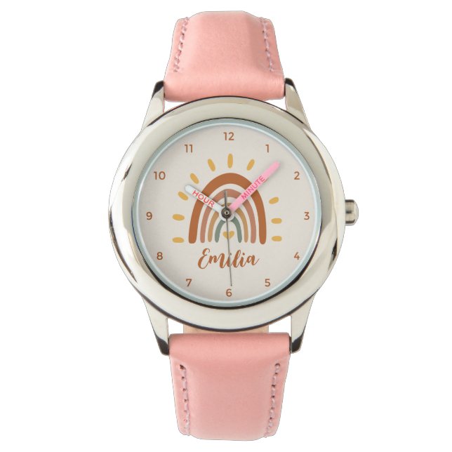 Aangepaste naam Boho Earth Tone Rainbow Sun Horloge (Voorkant)