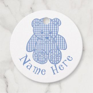 Aangepaste naam Bord Blauw Pastel Gingham Teddy Be Bedankjes Labels