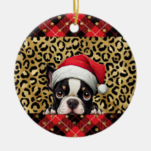 Aangepaste naam Boston Terrier hond Santa hat Buff Keramisch Ornament