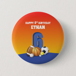 Aangepaste naam Boy 6th Birthday Sports Balls Ronde Button 5,7 Cm