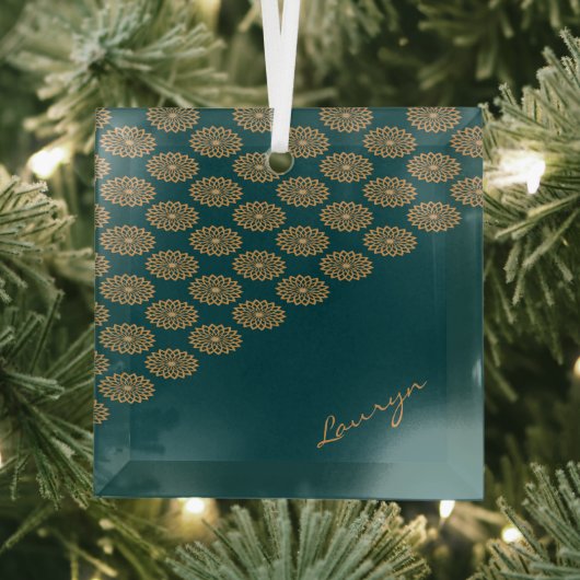 Aangepaste naam bruin bloemig op dennengroen glas ornament (Insitu)