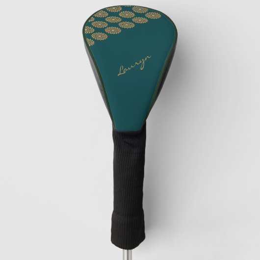 Aangepaste naam bruin bloemig op dennengroen golfheadcover (Voorkant)