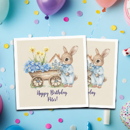 Aangepaste Naam Bunny met Blauwe Bloemen Verjaarda Servet