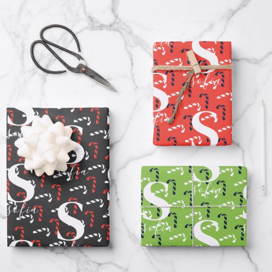 Aangepaste Naam Candy Cane Christmas Red Green Bla Inpakpapier Vel (Voorkant)