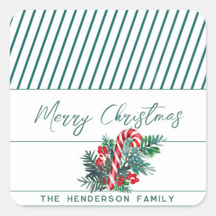 Aangepaste naam Candy Cane & Groen Kerstmis Vierkante Sticker