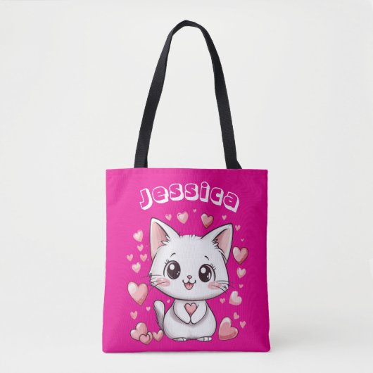 & Aangepaste Naam Chibi Cat Canvas tas met Roze Ha (Voorkant)