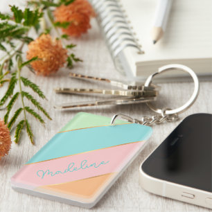 Aangepaste naam Chic Aqua Blauw Groen Roze Streep Sleutelhanger
