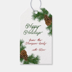Aangepaste naam Classy Pinecones Pine Branches Hol Cadeaulabel