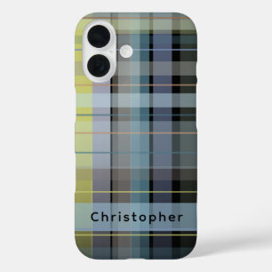 Aangepaste Naam Controleer Tartan Zwart Blauw Lila iPhone 16 Hoesje
