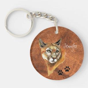 Aangepaste naam Cougar Puma Mountain Lion Art Sleutelhanger