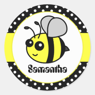 Aangepaste naam Cute Bumble Bee Cartoon met Polka Ronde Sticker