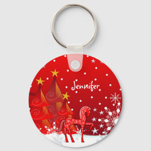 Aangepaste naam Cute Horse, Snowflakes & Xmas Tree Sleutelhanger