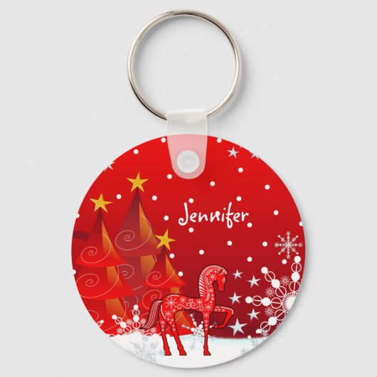 Aangepaste naam Cute Horse, Snowflakes & Xmas Tree Sleutelhanger (Voorkant)