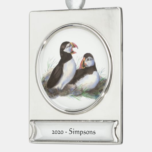Aangepaste naam Datum Cute Puffin Birds Verzilverd Banner Ornament (Links)