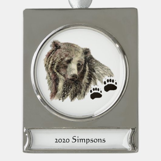 Aangepaste naam Datum Waterverf Grizzly Beer Dier Verzilverd Banner Ornament (Voorkant)