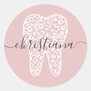Aangepaste naam Dental Leopard Print Tooth Ronde Sticker