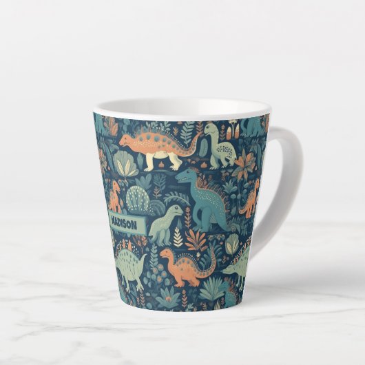 Aangepaste naam Dinosaurus Patroon Latte Mok (Rechterhoek)